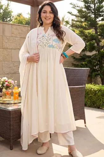 Plus Size Off White Embroidered Anarkali Kurta Trousers With Dupatta Set