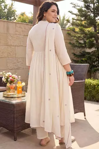 Plus Size Off White Embroidered Anarkali Kurta Trousers With Dupatta Set