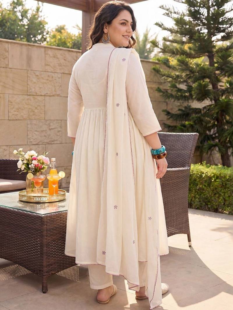 Plus Size Off White Embroidered Anarkali Kurta Trousers With Dupatta Set