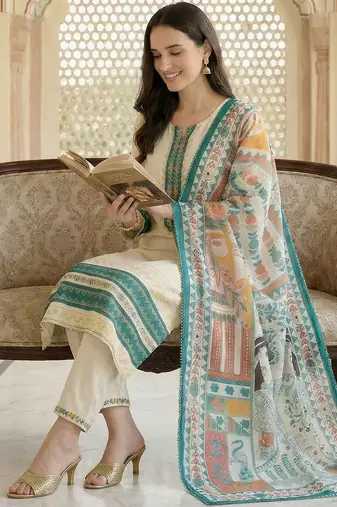 Women Ethnic Motifs Embroidered Regular Thread Work Kurta with Trousers & With Dupatta
