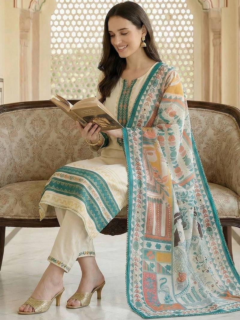 Women Ethnic Motifs Embroidered Regular Thread Work Kurta with Trousers & With Dupatta