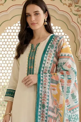 Women Ethnic Motifs Embroidered Regular Thread Work Kurta with Trousers & With Dupatta
