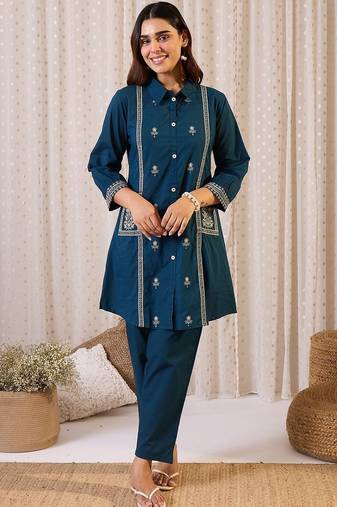 Floral Embroidered Shirt Collar Thread Work  Cotton Kurta & Trousers