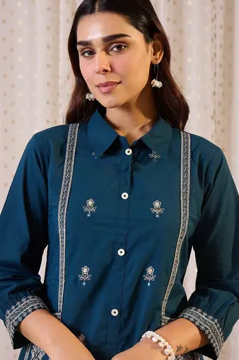 Floral Embroidered Shirt Collar Thread Work Pure Cotton Kurta & Trousers