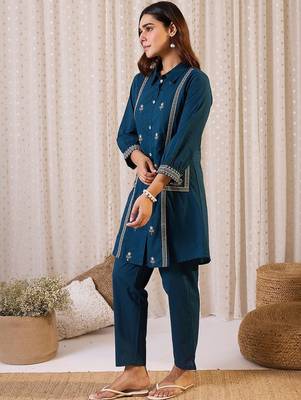 Floral Embroidered Shirt Collar Thread Work Pure Cotton Kurta & Trousers 3