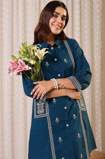 Floral Embroidered Shirt Collar Thread Work Pure Cotton Kurta & Trousers