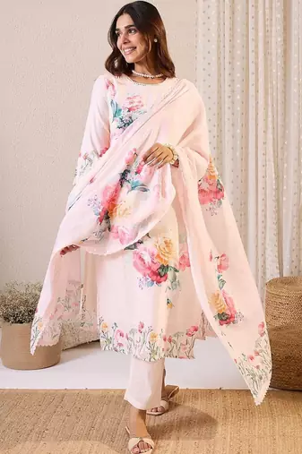 Women Floral Printed Regular Beads and Stones Linen Kurta with Trousers & With Dupatta