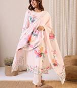 Women Floral Printed Regular Beads and Stones Linen Kurta with Trousers & With Dupatta