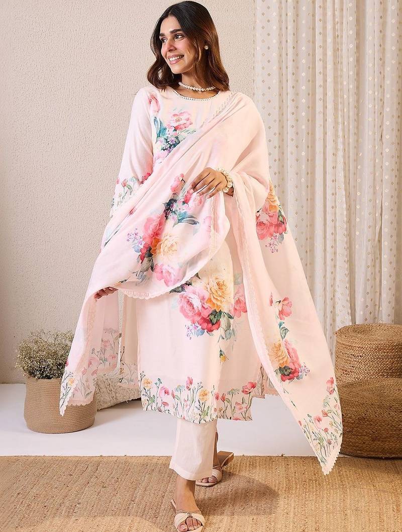 Women Floral Printed Regular Beads and Stones Linen Kurta with Trousers & With Dupatta