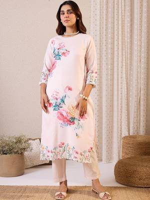 Women Floral Printed Regular Beads and Stones Linen Kurta with Trousers & With Dupatta 3