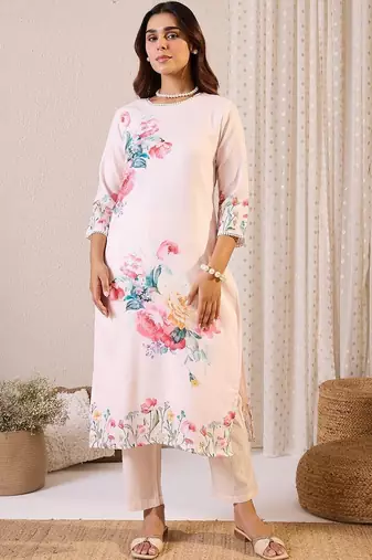 Women Floral Printed Regular Beads and Stones Linen Kurta with Trousers & With Dupatta
