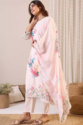 Women Floral Printed Regular Beads and Stones Linen Kurta with Trousers & With Dupatta