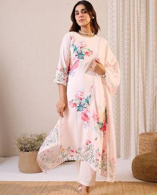 Women Floral Printed Regular Beads and Stones Linen Kurta with Trousers & With Dupatta 5