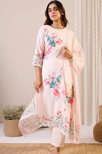 Women Floral Printed Regular Beads and Stones Linen Kurta with Trousers & With Dupatta