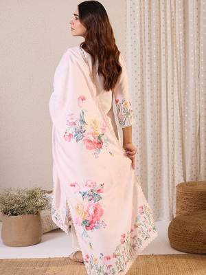 Women Floral Printed Regular Beads and Stones Linen Kurta with Trousers & With Dupatta 6