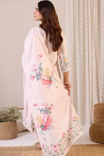 Women Floral Printed Regular Beads and Stones Linen Kurta with Trousers & With Dupatta