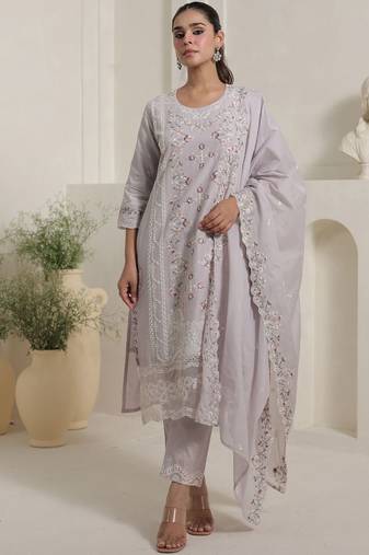 Women Floral Embroidered Cotton Kurta with Trousers & Dupatta