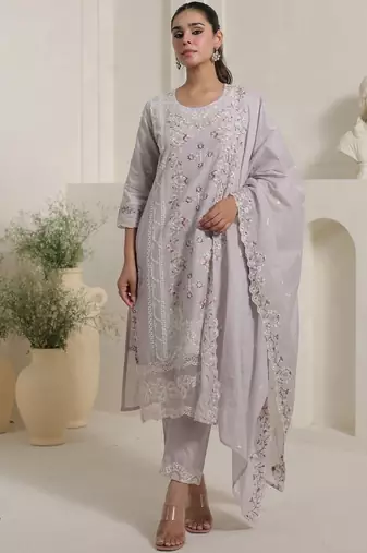Women Floral Embroidered Cotton Kurta with Trousers & Dupatta