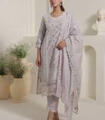 Women Floral Embroidered Cotton Kurta with Trousers & Dupatta