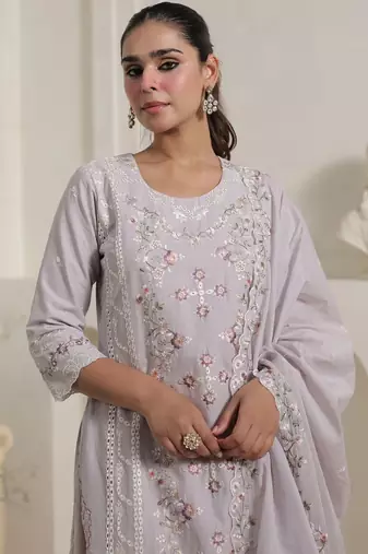 Women Floral Embroidered Cotton Kurta with Trousers & Dupatta