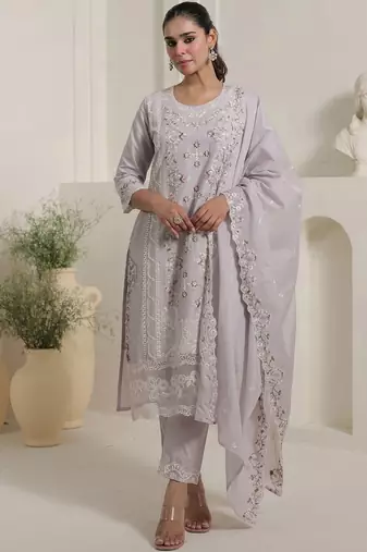 Women Floral Embroidered Cotton Kurta with Trousers & Dupatta
