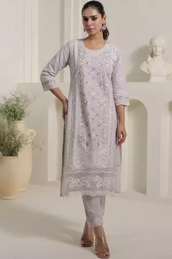 Women Floral Embroidered Cotton Kurta with Trousers & Dupatta