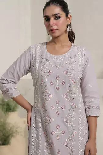 Women Floral Embroidered Cotton Kurta with Trousers & Dupatta