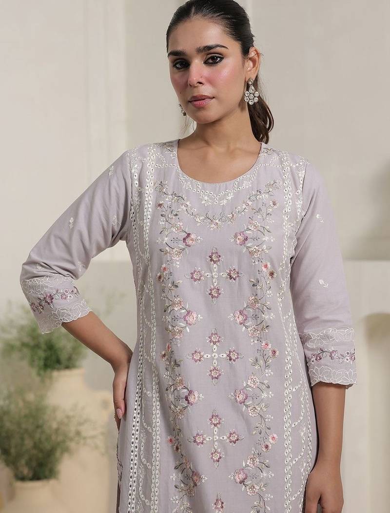 Women Floral Embroidered Cotton Kurta with Trousers & Dupatta