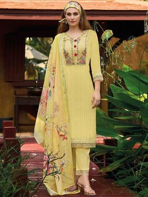 Yellow Floral Embroidered Thread Work Pure Cotton Kurta with Trouser & Dupatta 1