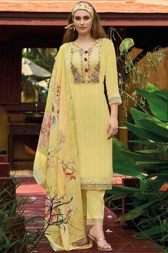 Yellow Floral Embroidered Thread Work  Cotton Kurta with Trouser & Dupatta