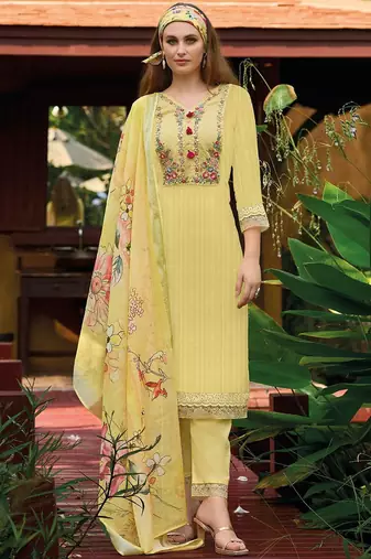 Yellow Floral Embroidered Thread Work Pure Cotton Kurta with Trouser & Dupatta