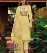 Yellow Floral Embroidered Thread Work Pure Cotton Kurta with Trouser & Dupatta