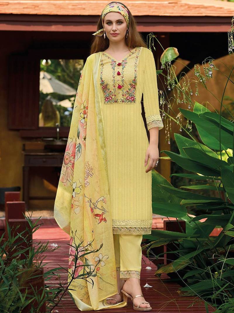 Yellow Floral Embroidered Thread Work Pure Cotton Kurta with Trouser & Dupatta