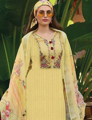 Yellow Floral Embroidered Thread Work Pure Cotton Kurta with Trouser & Dupatta 2