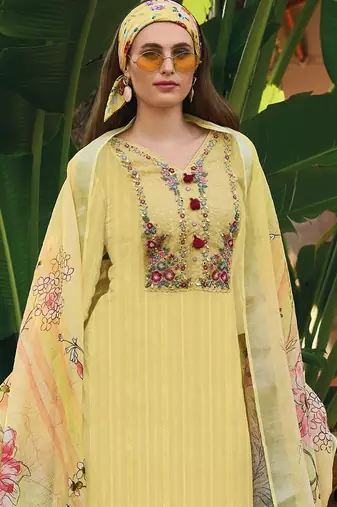 Yellow Floral Embroidered Thread Work Pure Cotton Kurta with Trouser & Dupatta