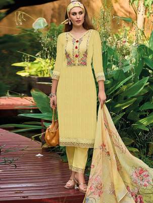 Yellow Floral Embroidered Thread Work Pure Cotton Kurta with Trouser & Dupatta 3