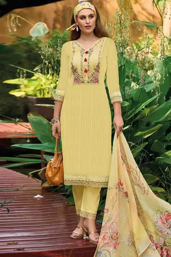 Yellow Floral Embroidered Thread Work Pure Cotton Kurta with Trouser & Dupatta