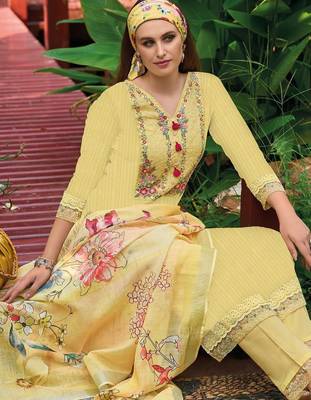 Yellow Floral Embroidered Thread Work Pure Cotton Kurta with Trouser & Dupatta 4