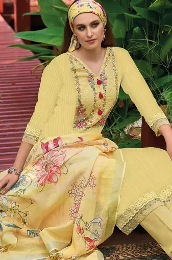 Yellow Floral Embroidered Thread Work Pure Cotton Kurta with Trouser & Dupatta