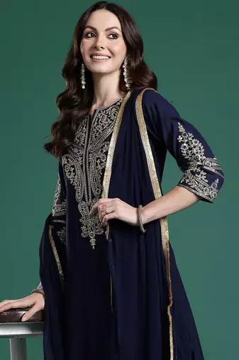 Ethnic Motifs Regular Sequinned Kurta with Trousers & With Dupatta