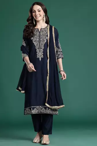 Ethnic Motifs Regular Sequinned Kurta with Trousers & With Dupatta