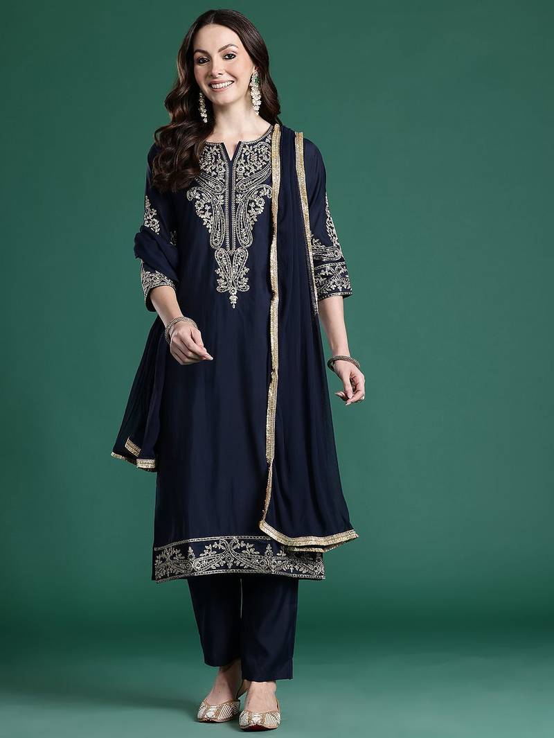 Ethnic Motifs Regular Sequinned Kurta with Trousers & With Dupatta
