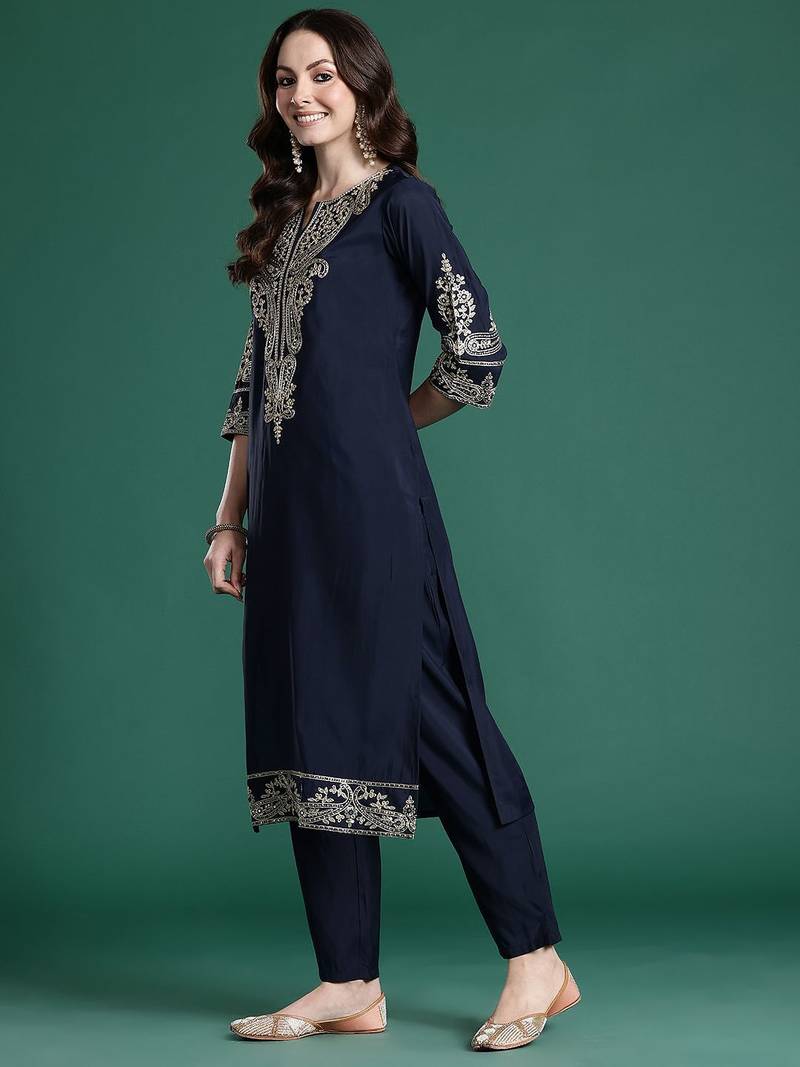 Ethnic Motifs Regular Sequinned Kurta with Trousers & With Dupatta