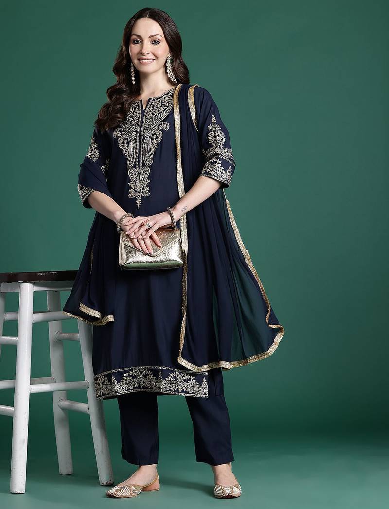 Ethnic Motifs Regular Sequinned Kurta with Trousers & With Dupatta