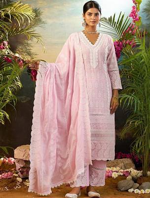 Floral Embroidered Thread Work Pure Cotton Kurta With Trousers & Dupatta 1