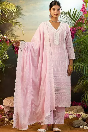 Floral Embroidered Thread Work  Cotton Kurta With Trousers & Dupatta