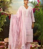 Floral Embroidered Thread Work Pure Cotton Kurta With Trousers & Dupatta