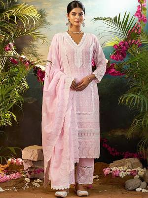 Floral Embroidered Thread Work Pure Cotton Kurta With Trousers & Dupatta 4
