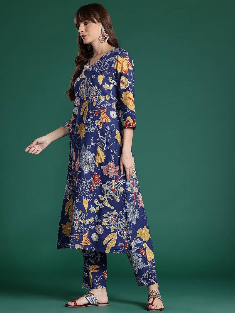 Floral Printed Pure Cotton Kurta with Trousers