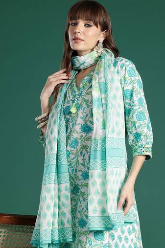 Women Floral Printed Mirror Work  Cotton Kurta with Trousers & Dupatta
